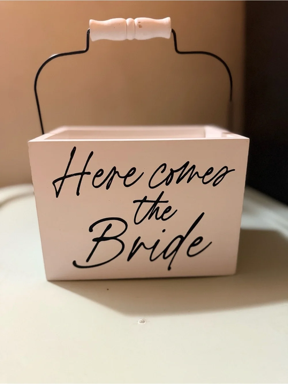 Here Comes the Bride Wooden Flower Basket - White
